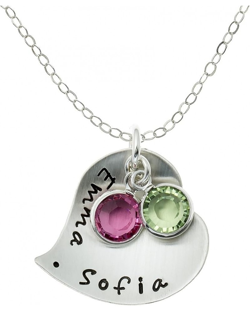 Amore Sterling Silver Personalized Heart Charm Necklace Customize with Names of your choice. Includes 2 Swarovski® Birthstone...