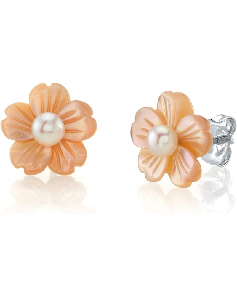 4-5mm Button-Shape Freshwater Cultured Pearl on Mother of Pearl Flower Lotus Earrings for Women White $47.94 Earrings