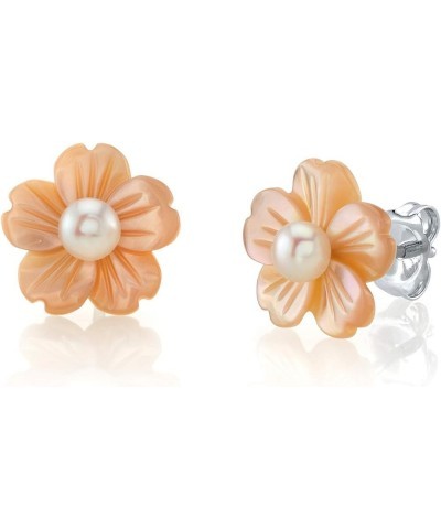 4-5mm Button-Shape Freshwater Cultured Pearl on Mother of Pearl Flower Lotus Earrings for Women White $47.94 Earrings