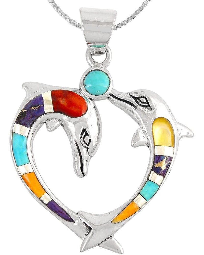 Gemstone Dolphin Pendant & 20" Box Chain are solid 925 Sterling Silver Multi Gemstones $31.36 Necklaces