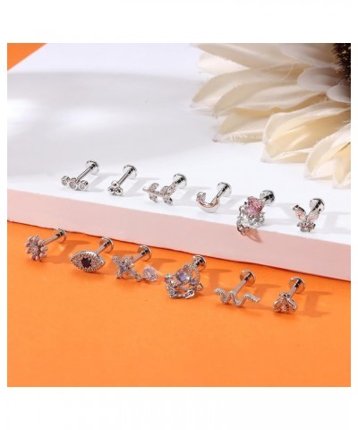 12Pcs 16G Stainless Steel Top Screw Flat Back Earrings Snake Moon CZ Cartilage Stud Earrings for Women Forward Internally Thr...