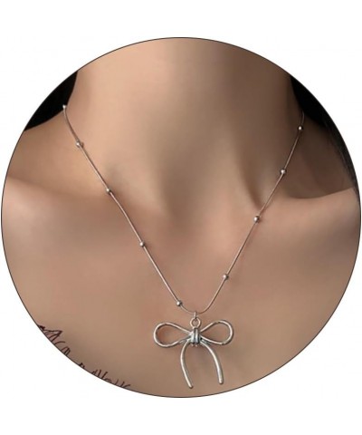 Bow Necklace for Women Gold Silver Beaded Chain Necklace Bow Pendant Necklace Gold Chain Necklace Christmas Gifts Silver $6.8...