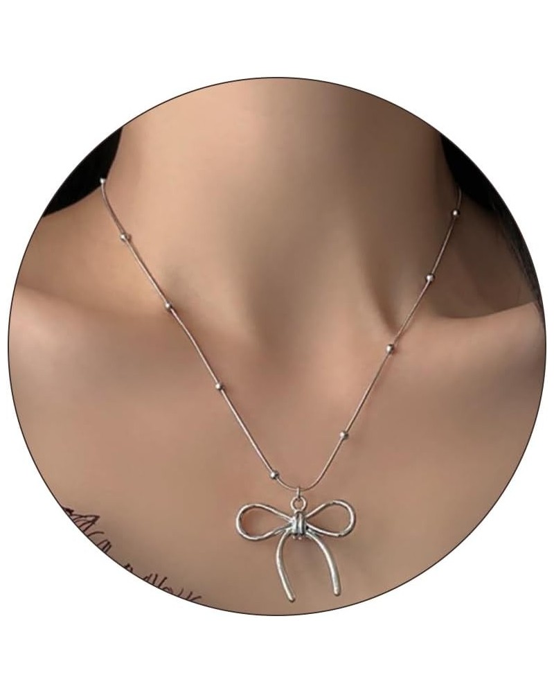 Bow Necklace for Women Gold Silver Beaded Chain Necklace Bow Pendant Necklace Gold Chain Necklace Christmas Gifts Silver $6.8...