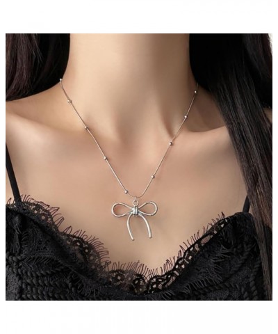 Bow Necklace for Women Gold Silver Beaded Chain Necklace Bow Pendant Necklace Gold Chain Necklace Christmas Gifts Silver $6.8...