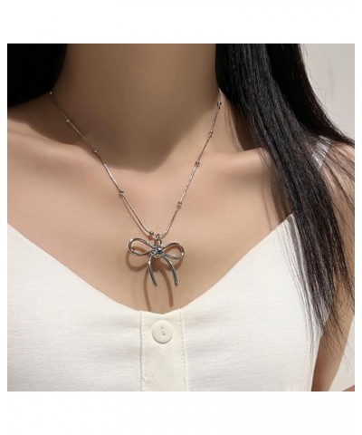 Bow Necklace for Women Gold Silver Beaded Chain Necklace Bow Pendant Necklace Gold Chain Necklace Christmas Gifts Silver $6.8...