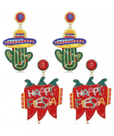 2 Pairs Cinco De Mayo Earrings Beaded Sombrero Cactus Earrings Happy Fiesta Chili Avocado Drop Dangle Earrings Mexican Holida...