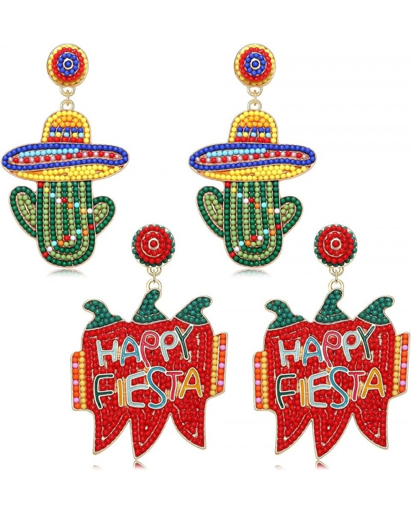 2 Pairs Cinco De Mayo Earrings Beaded Sombrero Cactus Earrings Happy Fiesta Chili Avocado Drop Dangle Earrings Mexican Holida...