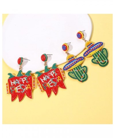 2 Pairs Cinco De Mayo Earrings Beaded Sombrero Cactus Earrings Happy Fiesta Chili Avocado Drop Dangle Earrings Mexican Holida...