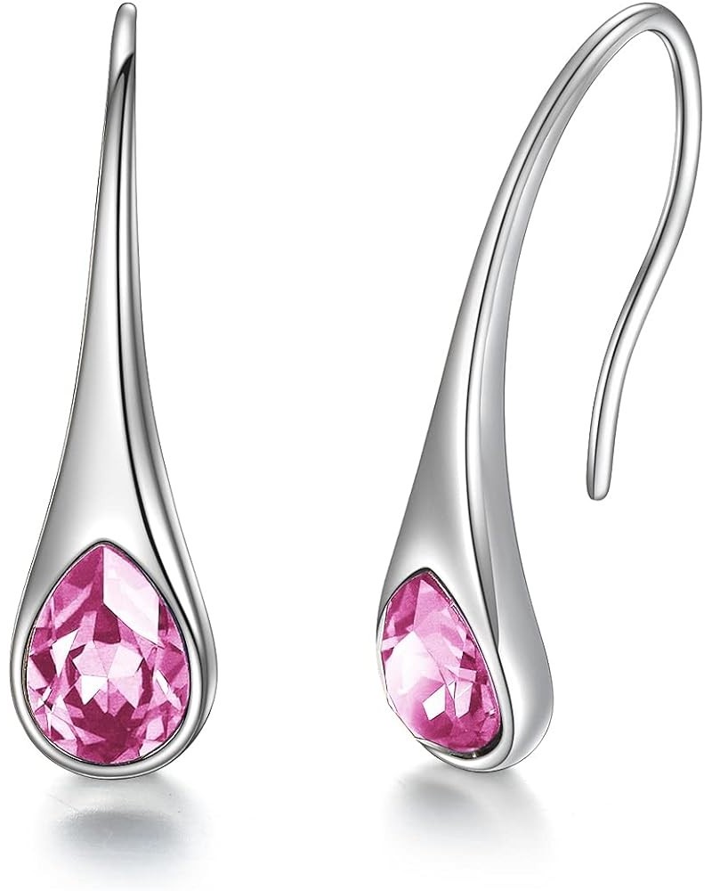 925 Sterling Silver Small Pear-Shaped Modern Style Hook Earrings with Crystals from Austria Simulated October Birthstone_Pink...