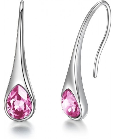 925 Sterling Silver Small Pear-Shaped Modern Style Hook Earrings with Crystals from Austria Simulated October Birthstone_Pink...