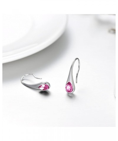 925 Sterling Silver Small Pear-Shaped Modern Style Hook Earrings with Crystals from Austria Simulated October Birthstone_Pink...