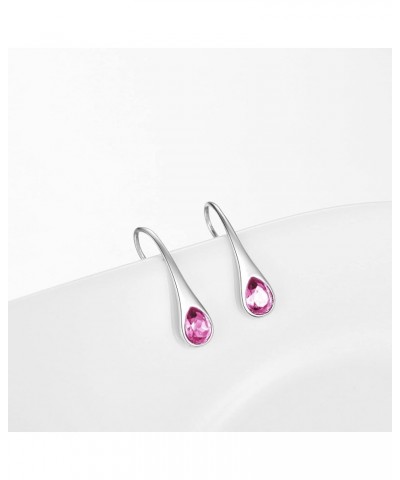 925 Sterling Silver Small Pear-Shaped Modern Style Hook Earrings with Crystals from Austria Simulated October Birthstone_Pink...