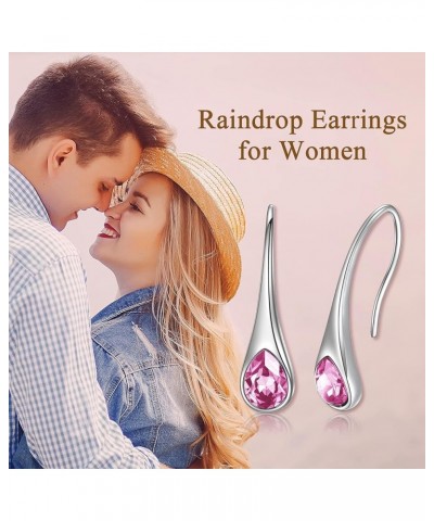 925 Sterling Silver Small Pear-Shaped Modern Style Hook Earrings with Crystals from Austria Simulated October Birthstone_Pink...