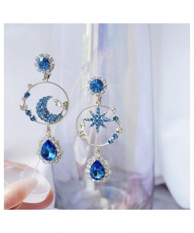 Blue Crystal Star Moon Earrings Asymmetric Moon Star Dangle Drop Earrings Long Lucky Star Crescent Tassel Earrings Birthday P...