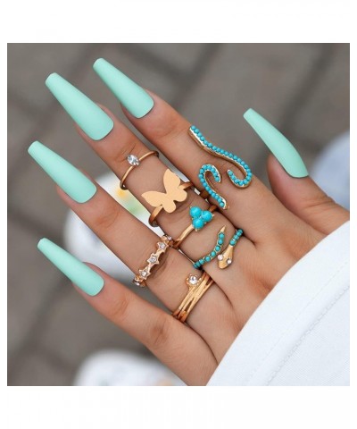 7pcs Bohemian Turquoise Snake Knuckle Rings Gold Butterfly Crystal Stackable Finger Rings Pack Fashion Mid Rhinestone Rings f...