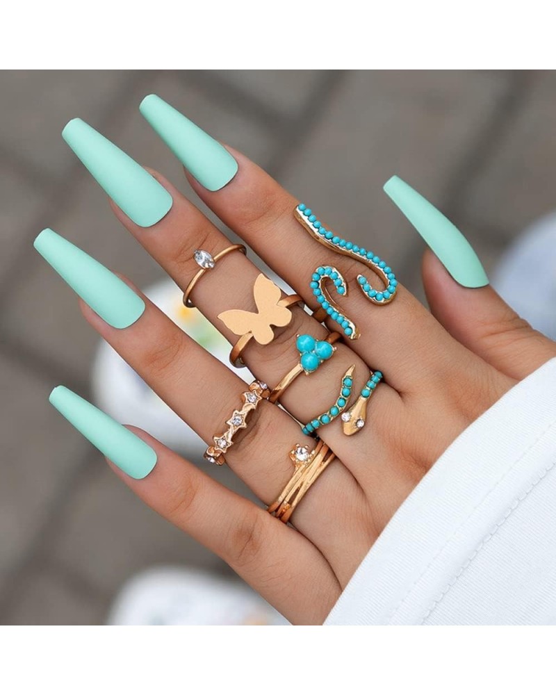 7pcs Bohemian Turquoise Snake Knuckle Rings Gold Butterfly Crystal Stackable Finger Rings Pack Fashion Mid Rhinestone Rings f...