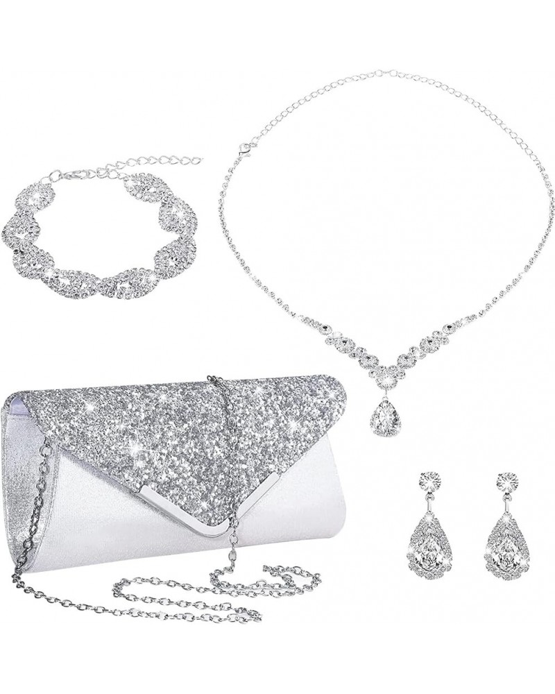 4 Pieces Women Rhinestone Evening Clutch Bag Silver Clutch Purses Bag for Women Evening Rhinestone Jewelry Set Charming Style...