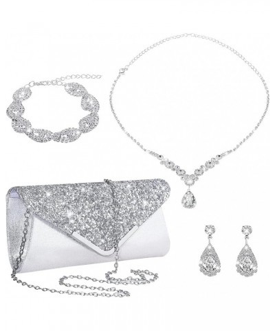 4 Pieces Women Rhinestone Evening Clutch Bag Silver Clutch Purses Bag for Women Evening Rhinestone Jewelry Set Charming Style...