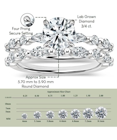 Round & Marquise Lab Grown White Diamond Solitaire Metal Beaded Bridal Ring Set for Her in 925 Sterling Silver 5 0.75 Carat L...