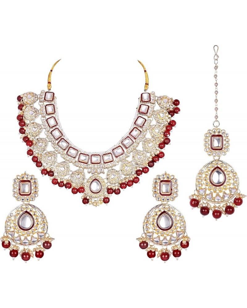 Indian Traditional Bollywood Kundan Earrings, Necklace Set with Maang Tikka Ethnic Jewelry for Women Girls Ruby $24.93 Jewelr...