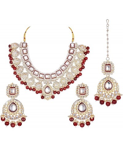 Indian Traditional Bollywood Kundan Earrings, Necklace Set with Maang Tikka Ethnic Jewelry for Women Girls Ruby $24.93 Jewelr...