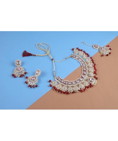 Indian Traditional Bollywood Kundan Earrings, Necklace Set with Maang Tikka Ethnic Jewelry for Women Girls Ruby $24.93 Jewelr...