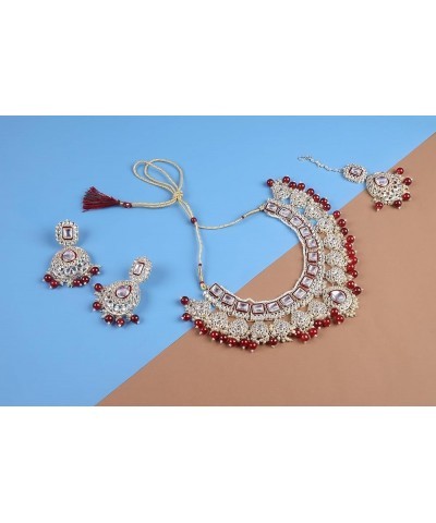 Indian Traditional Bollywood Kundan Earrings, Necklace Set with Maang Tikka Ethnic Jewelry for Women Girls Ruby $24.93 Jewelr...