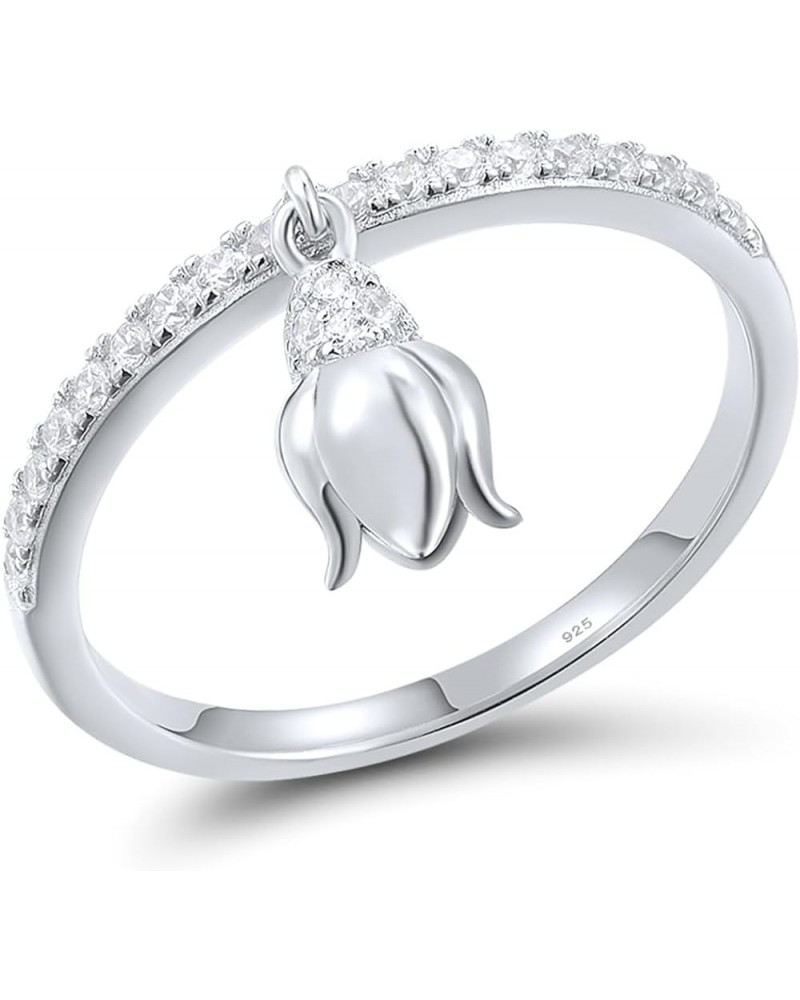 925 Sterling Silver Dangle Ring Cubic Zirconia Jewelry for Women (White Tulip, White Rhodium Plated) $12.50 Rings