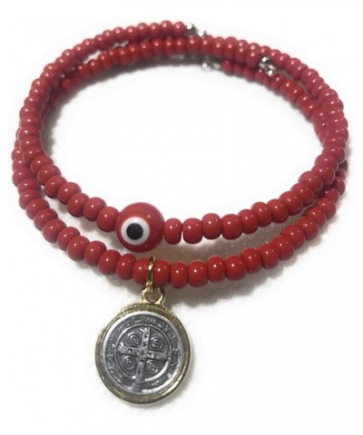 Set of 2 Red Evil Eye and Saint Benedict Memory Wire Bracelets. Set de dos pulseras de Memoria de San Benito y ojo turco Rojo...