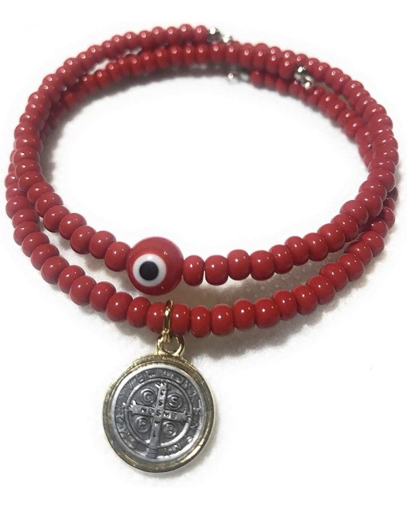 Set of 2 Red Evil Eye and Saint Benedict Memory Wire Bracelets. Set de dos pulseras de Memoria de San Benito y ojo turco Rojo...