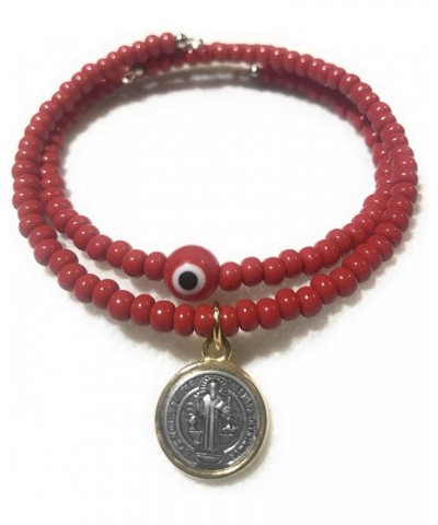 Set of 2 Red Evil Eye and Saint Benedict Memory Wire Bracelets. Set de dos pulseras de Memoria de San Benito y ojo turco Rojo...