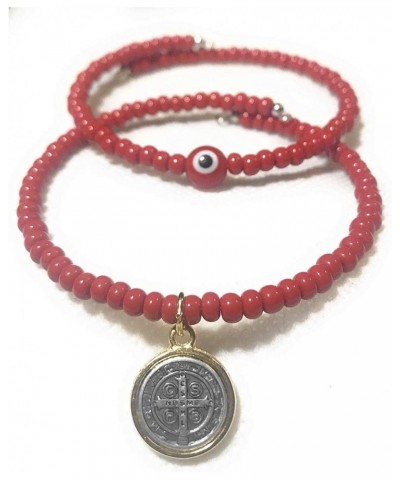 Set of 2 Red Evil Eye and Saint Benedict Memory Wire Bracelets. Set de dos pulseras de Memoria de San Benito y ojo turco Rojo...