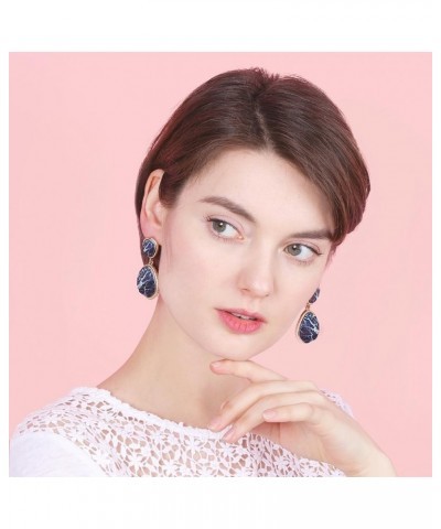 Bohemian Wood And Flower Printed Oval Shaped Drop Statement Earrings NAVY $7.50 Earrings