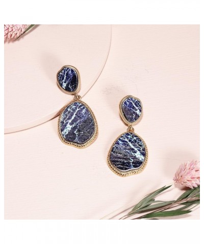 Bohemian Wood And Flower Printed Oval Shaped Drop Statement Earrings NAVY $7.50 Earrings