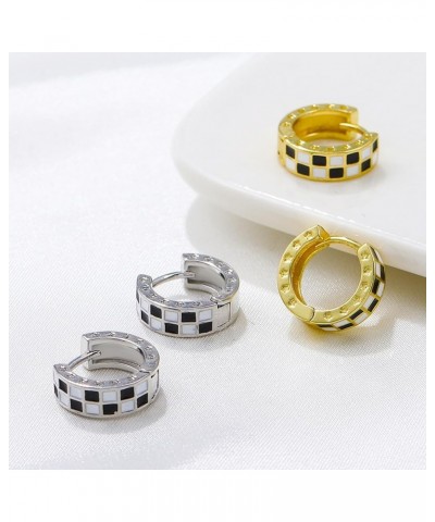 Checkered Oval Hoop Earrings for Women Gold Chunky Enamel Oval Hoop Earrings Vintage Checker Hoop Earrings Black White Chessb...