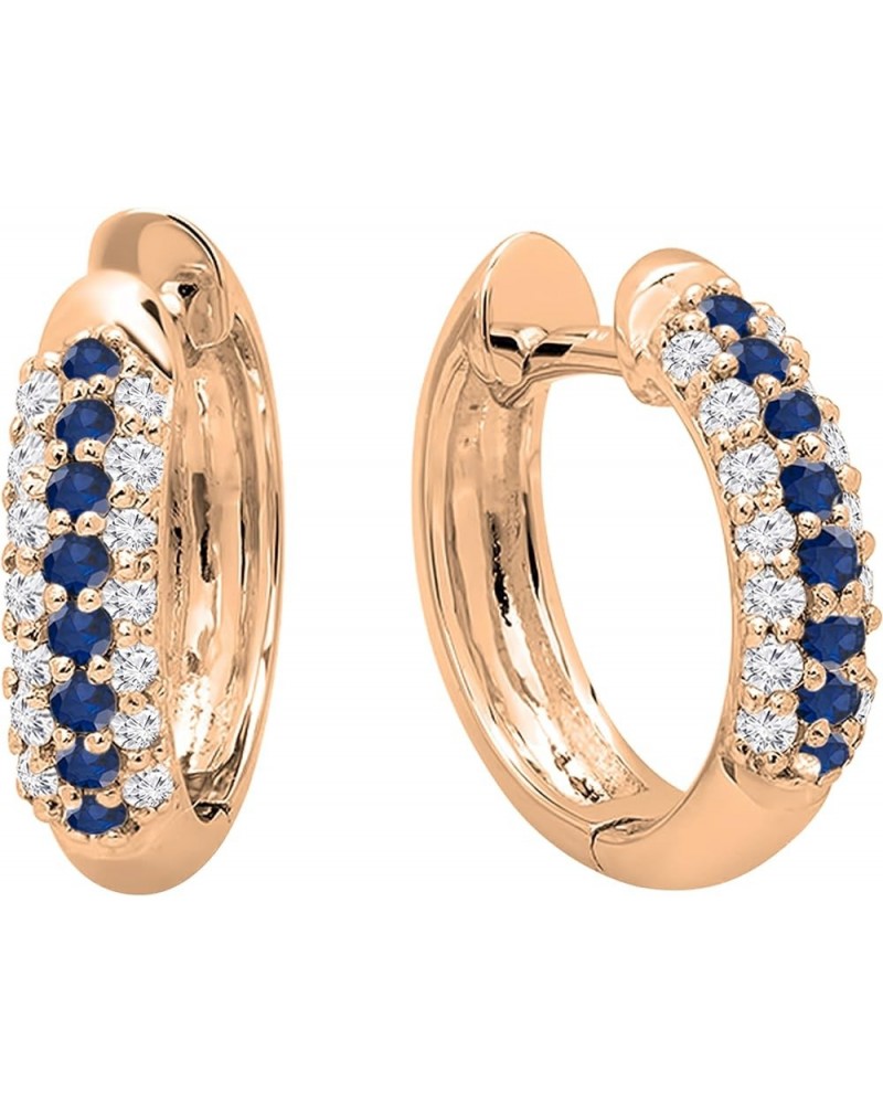 Round Gemstone & White Diamond Pave Set Hinged Post Huggies Hoop Earrings for Her in Gold 14K - Metal Stamp Rose Gold Blue Sa...