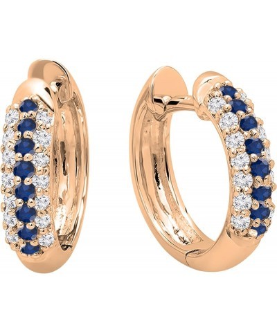 Round Gemstone & White Diamond Pave Set Hinged Post Huggies Hoop Earrings for Her in Gold 14K - Metal Stamp Rose Gold Blue Sa...