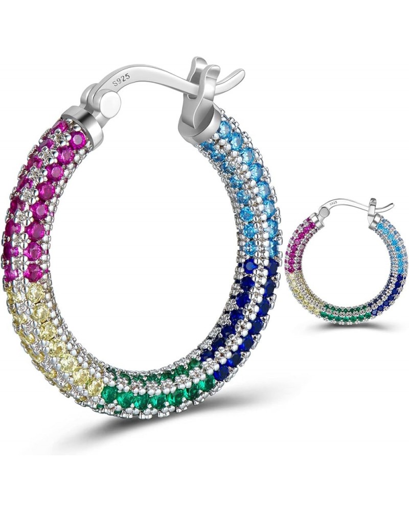 925 Sterling Silver Post Hoop Earrings for Women Gilrs Multcolors Cubic Zirconia 14K Gold Plated Chunky Silver Gold Hoop Earr...