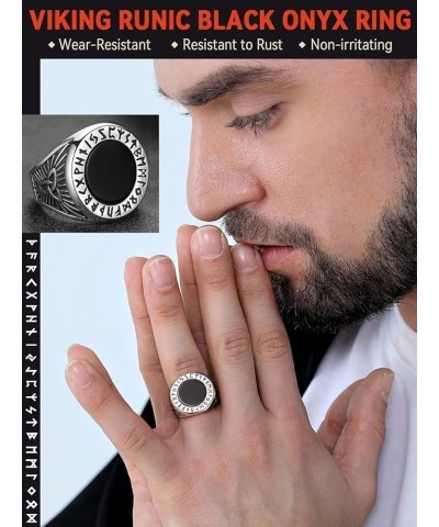 Black Onyx Rings for Men, Stainless Steel Ring with Round/Square Onyx Stone, Mens Norse Runes Celtic Knot Rings Size 7-14 01....