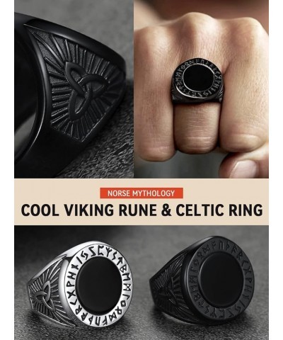 Black Onyx Rings for Men, Stainless Steel Ring with Round/Square Onyx Stone, Mens Norse Runes Celtic Knot Rings Size 7-14 01....