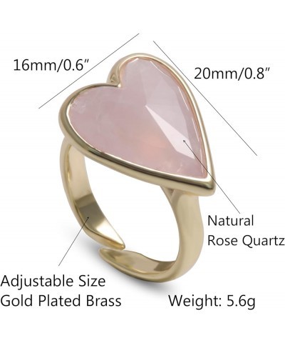 Natural Gemstone Ring, Heart Shape Genuine Crystal Quartz Amethyst Amazonite Rose Quartz Rings for Women, 14K Gold Plated Adj...