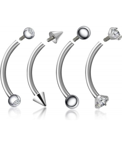 4pcs 16G G23 Implant Grade Titanium Curved Eyebrow Barbell Internally Threaded 3mm Prong Set CZ/Ball/Bezel CZ/Conical Ends Tr...