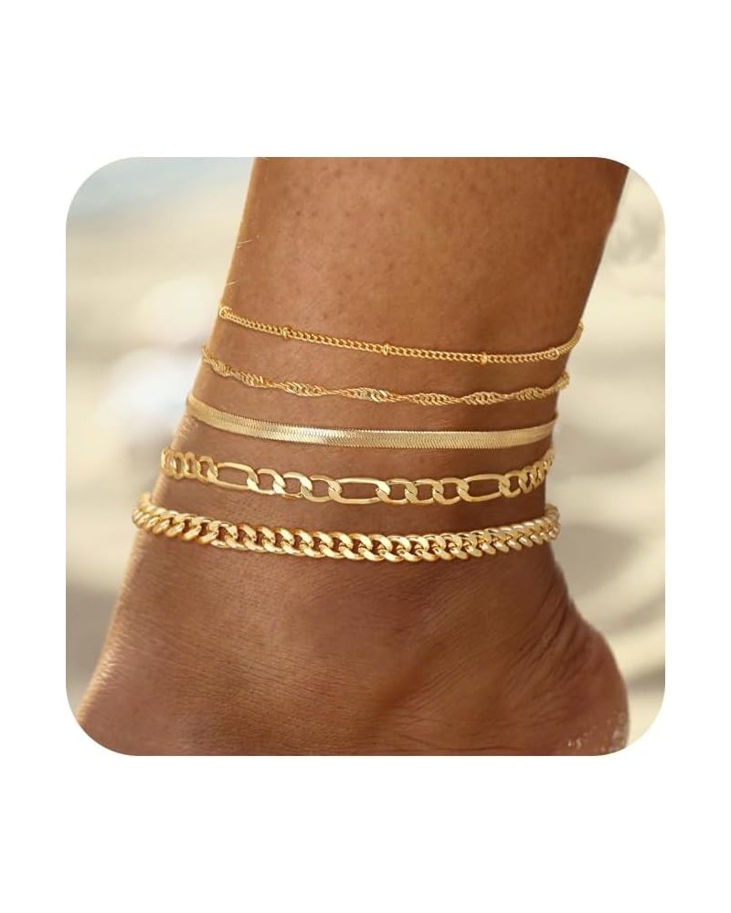 Gold Ankle Bracelets for Women, 14K Gold Anklets for Women Waterproof Snake Figaro Cuban Link Chain Anklets Set Chunky Thin L...