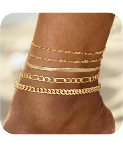 Gold Ankle Bracelets for Women, 14K Gold Anklets for Women Waterproof Snake Figaro Cuban Link Chain Anklets Set Chunky Thin L...