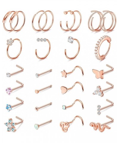 20G Surgical Steel Nose Rings for Women Men L Shaped Screw Nose Studs Nose Rings Hoop Nose Piercing Jewelry 28Pcs Rose Gold T...