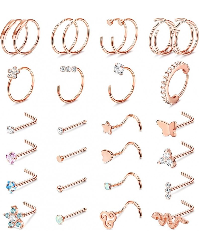 20G Surgical Steel Nose Rings for Women Men L Shaped Screw Nose Studs Nose Rings Hoop Nose Piercing Jewelry 28Pcs Rose Gold T...