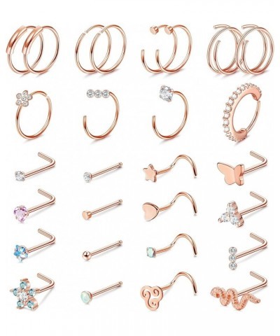 20G Surgical Steel Nose Rings for Women Men L Shaped Screw Nose Studs Nose Rings Hoop Nose Piercing Jewelry 28Pcs Rose Gold T...