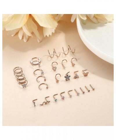 20G Surgical Steel Nose Rings for Women Men L Shaped Screw Nose Studs Nose Rings Hoop Nose Piercing Jewelry 28Pcs Rose Gold T...