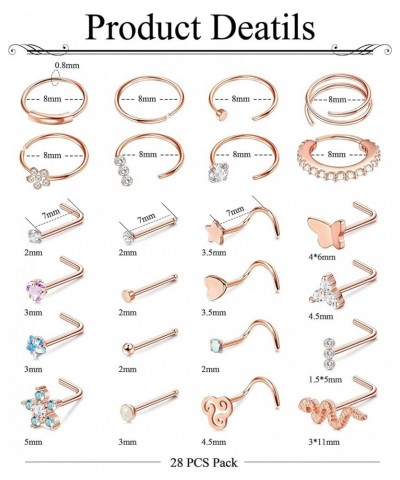 20G Surgical Steel Nose Rings for Women Men L Shaped Screw Nose Studs Nose Rings Hoop Nose Piercing Jewelry 28Pcs Rose Gold T...