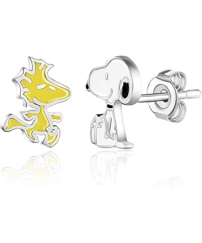 Womens Woodstock and Snoopy Earrings - Silver Plate and Enamel Snoopy Stud Earrings - Officially Licensed Snoopy and Woodstoc...